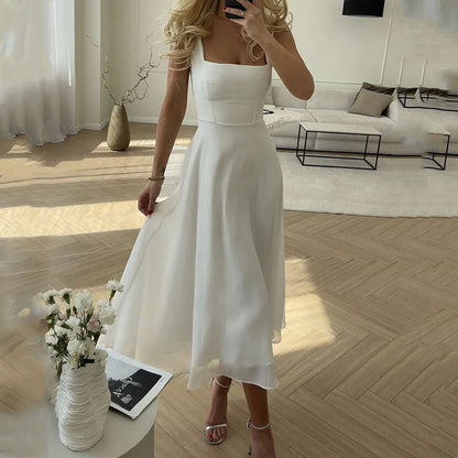 Imogen | Women's Elegant Square-Neck Midi Wedding Guest Dress
