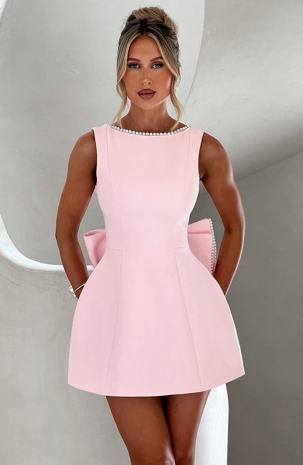 Isla | Wedding Guest A-Line Mini Dress with Pearl Trim