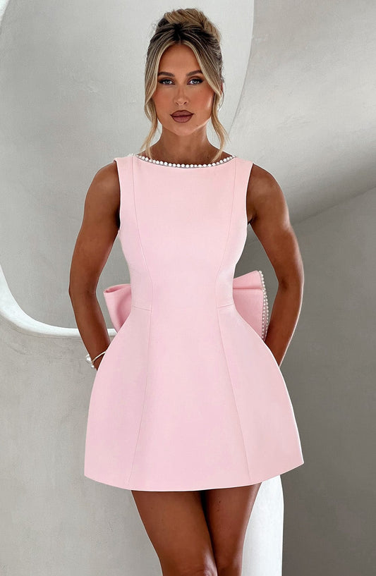 Isla | Wedding Guest A-Line Mini Dress with Pearl Trim