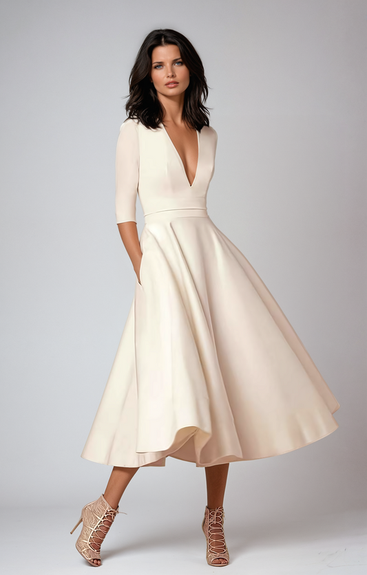 Genevieve | Women's Elegant Flared Midi Wedding Guest Dress