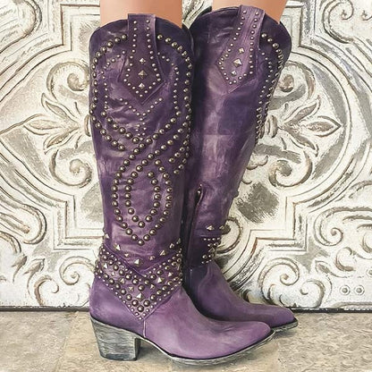 Raven | Studded Distressed Leather-Look Knee-High Boots
