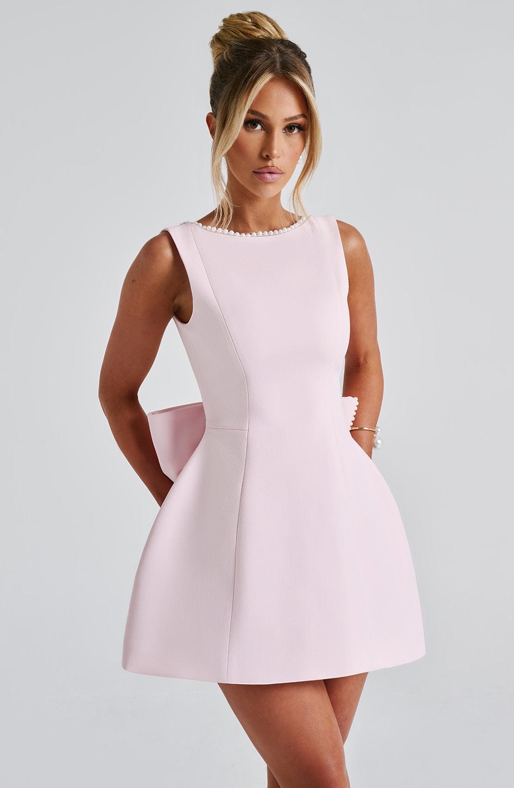 Isla | Wedding Guest A-Line Mini Dress with Pearl Trim