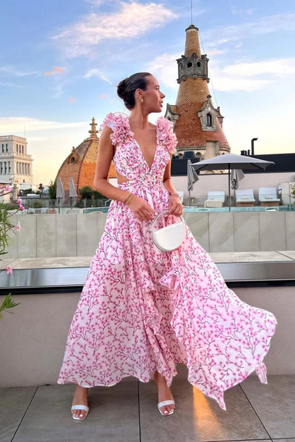 Sophie | Floral Wedding Guest V-Neck Ruffle Maxi Dress
