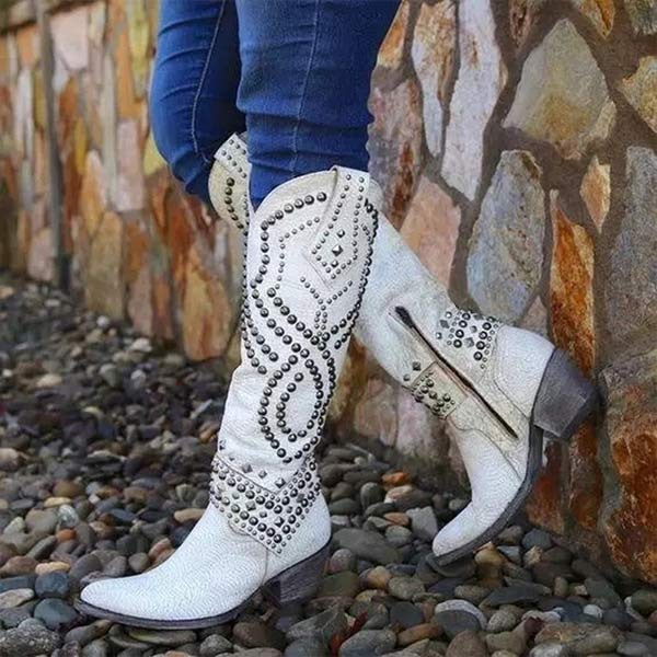Raven | Studded Distressed Leather-Look Knee-High Boots