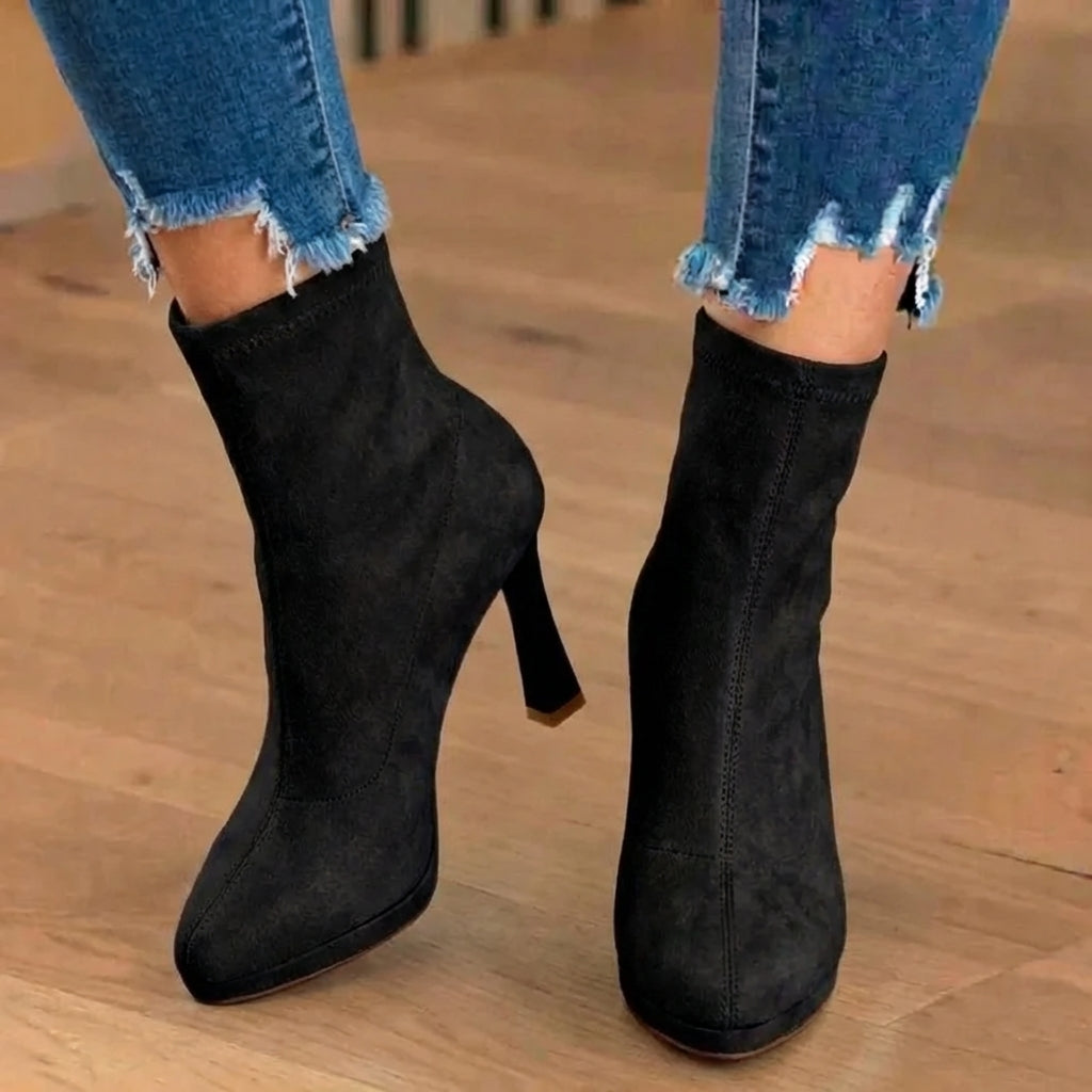Elke | High Block Heel Faux Suede Ankle Boots with Wide Toe Box