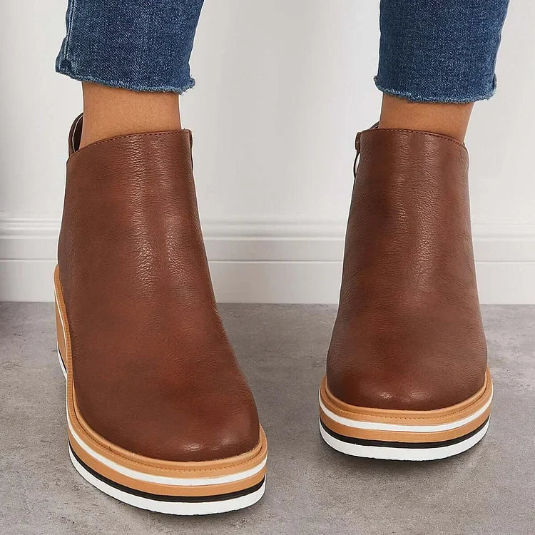 Kelly | Leather Wedge Platform Side Zip Ankle Boots