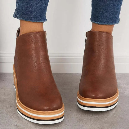 Kelly | Leather Wedge Platform Side Zip Ankle Boots