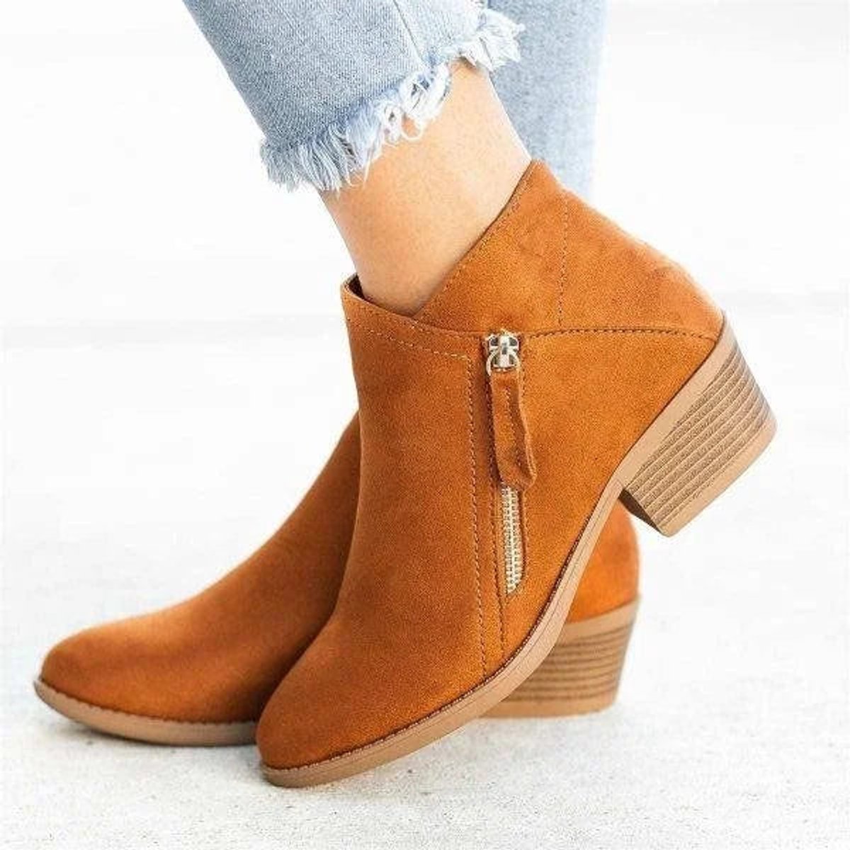 Bonnie | Suede Low Block Heel Side Zip Ankle Boots