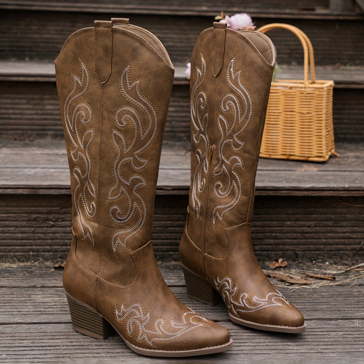 Grace | Embroidered Western Cowboy Knee High Block Heel Boots