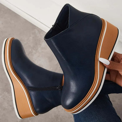 Kelly | Leather Wedge Platform Side Zip Ankle Boots