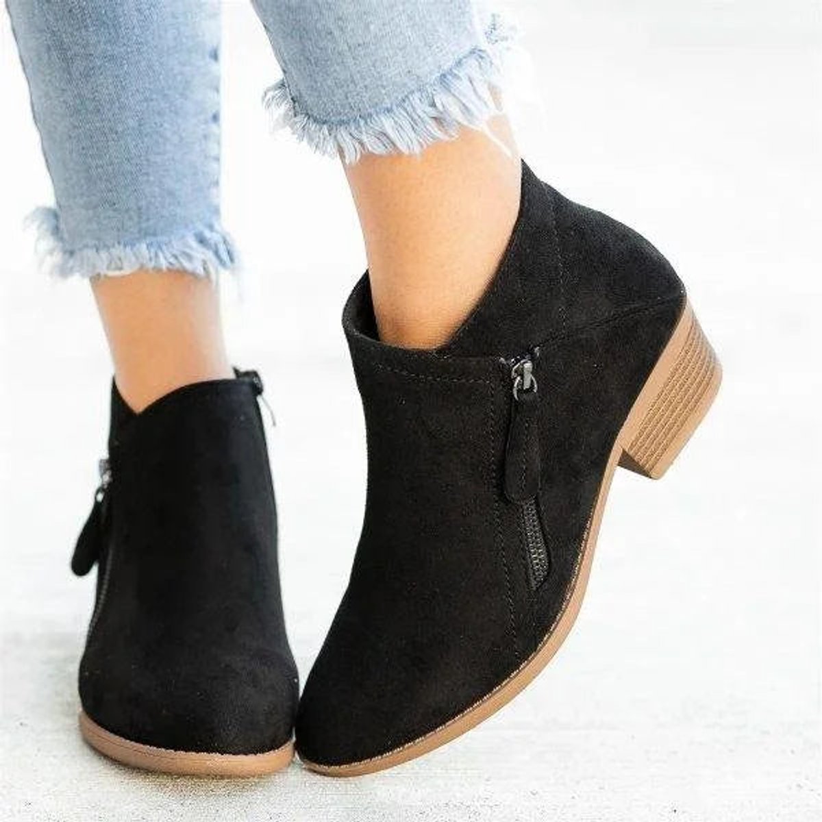 Bonnie | Suede Low Block Heel Side Zip Ankle Boots