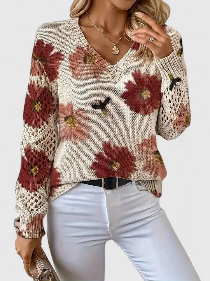 Liza | Floral Knit Lattice Sleeve Winter Cardigan