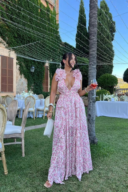 Sophie | Floral Wedding Guest V-Neck Ruffle Maxi Dress