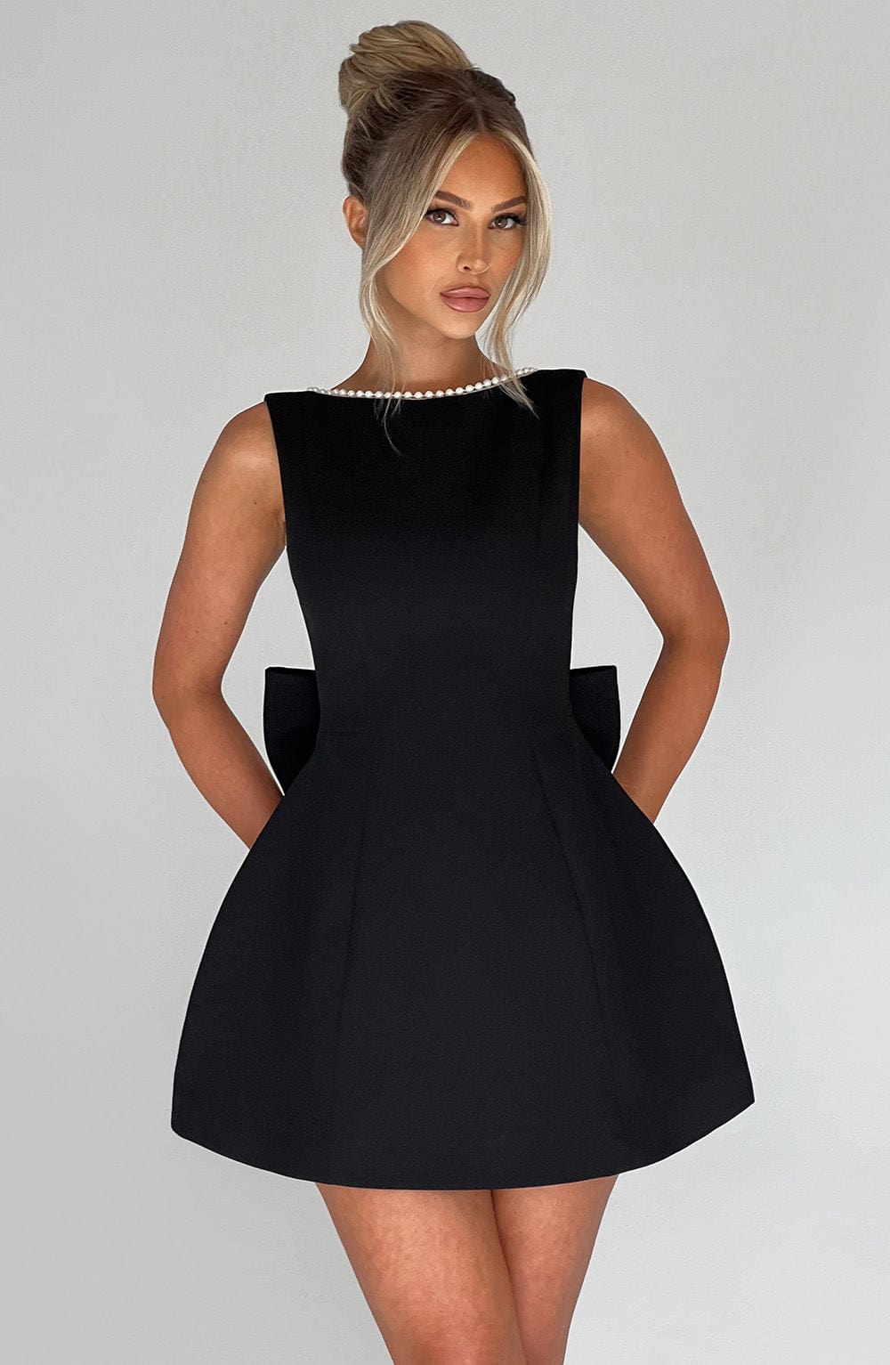 Isla | Wedding Guest A-Line Mini Dress with Pearl Trim