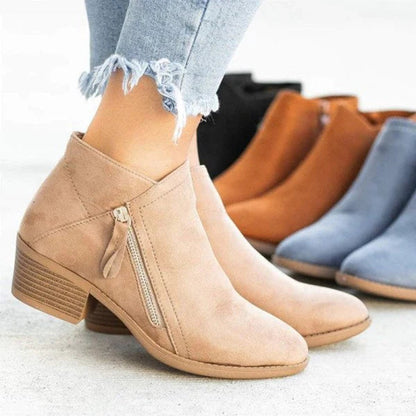 Bonnie | Suede Low Block Heel Side Zip Ankle Boots