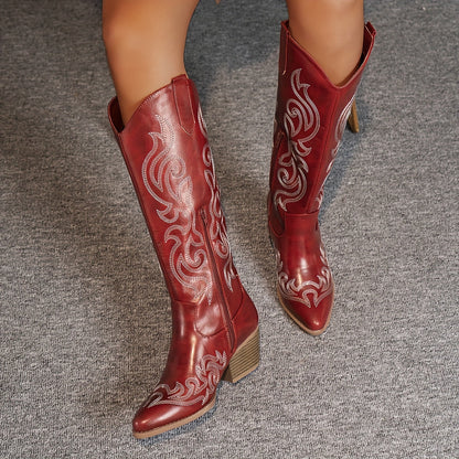 Grace | Embroidered Western Cowboy Knee High Block Heel Boots