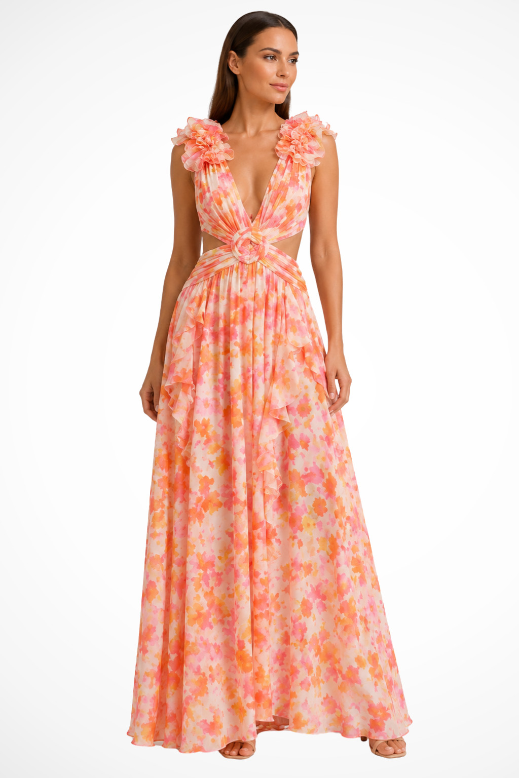 Sophie | Floral Wedding Guest V-Neck Ruffle Maxi Dress