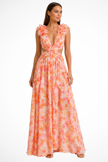 Sophie | Floral Wedding Guest V-Neck Ruffle Maxi Dress