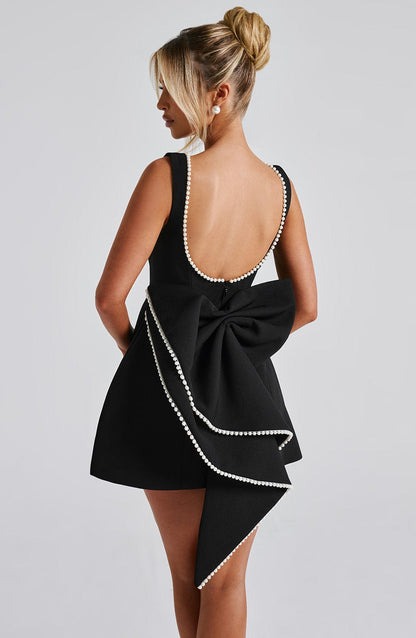 Isla | Wedding Guest A-Line Mini Dress with Pearl Trim
