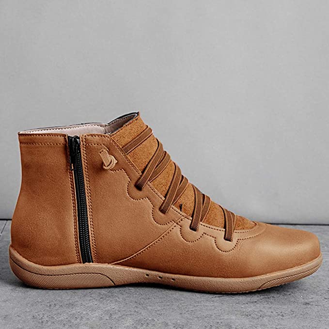 Linda | Leather Lace Up Flat Ankle Boots with Side Zip