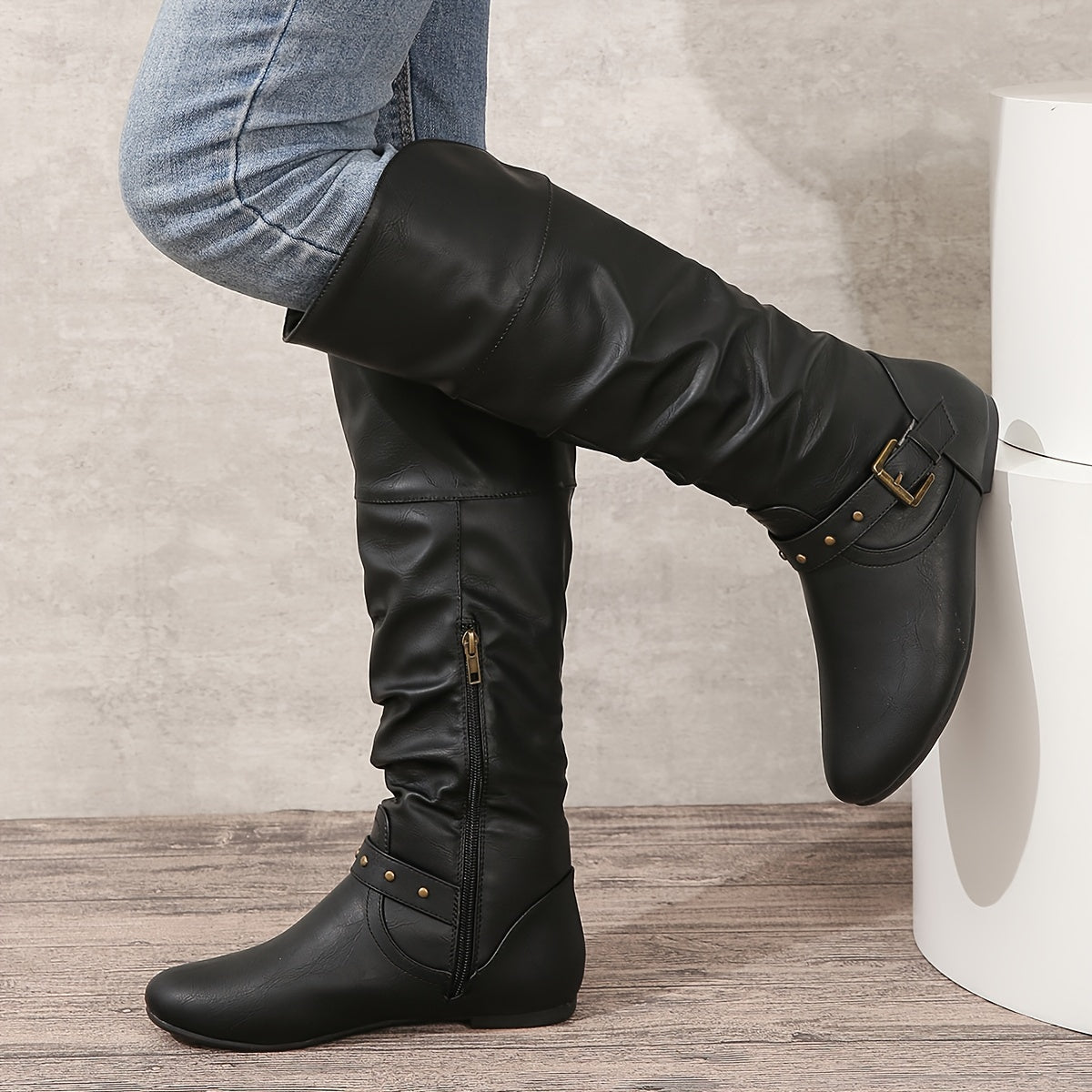 Erin | Faux Leather Slouch Buckle Flat Knee High Boots