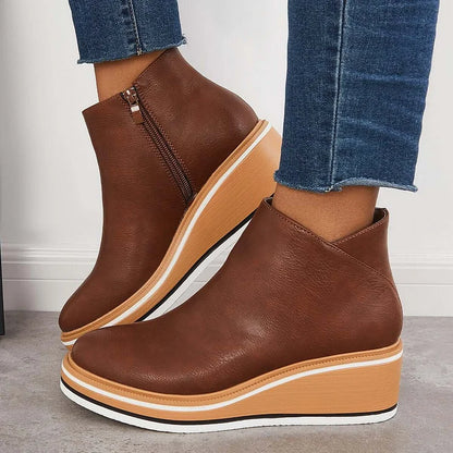 Kelly | Leather Wedge Platform Side Zip Ankle Boots