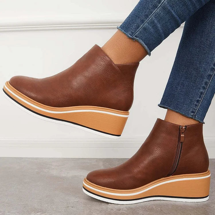 Kelly | Leather Wedge Platform Side Zip Ankle Boots