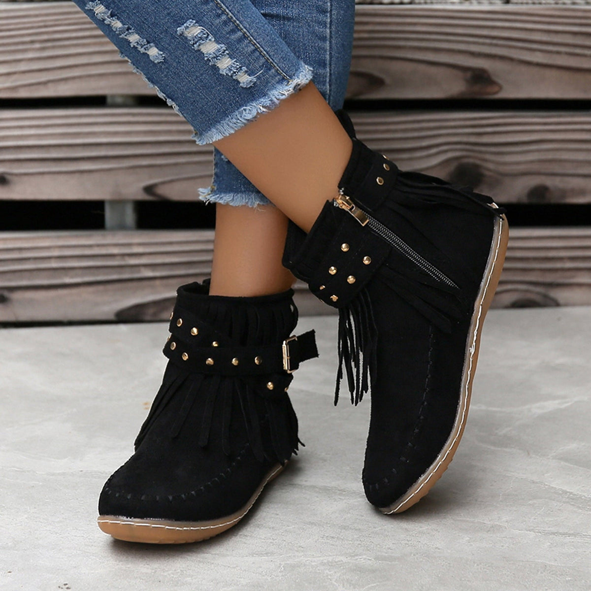 Rosie | Boho Faux Suede Fringe Flat Ankle Black Boots