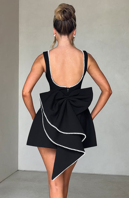 Isla | Wedding Guest A-Line Mini Dress with Pearl Trim