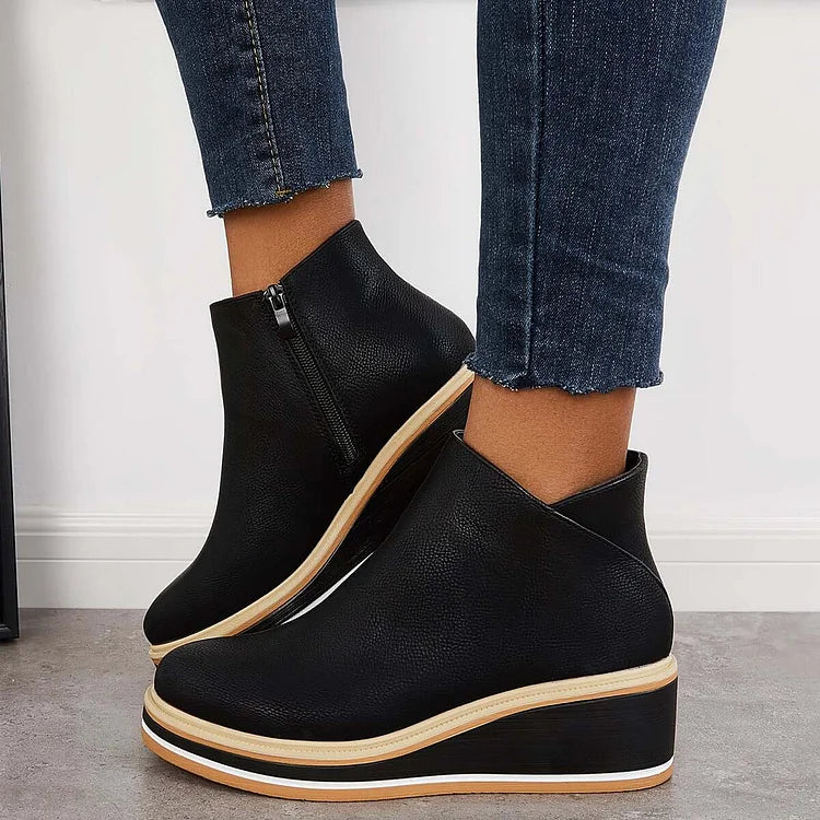 Kelly | Leather Wedge Platform Side Zip Ankle Boots