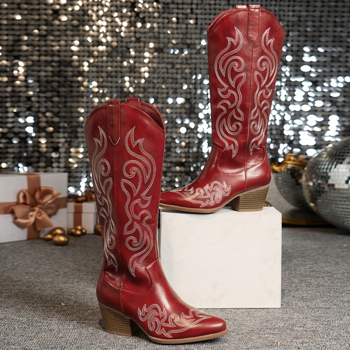 Grace | Embroidered Western Cowboy Knee High Block Heel Boots