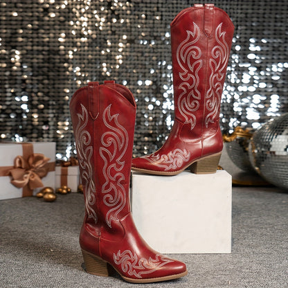 Grace | Embroidered Western Cowboy Knee High Block Heel Boots