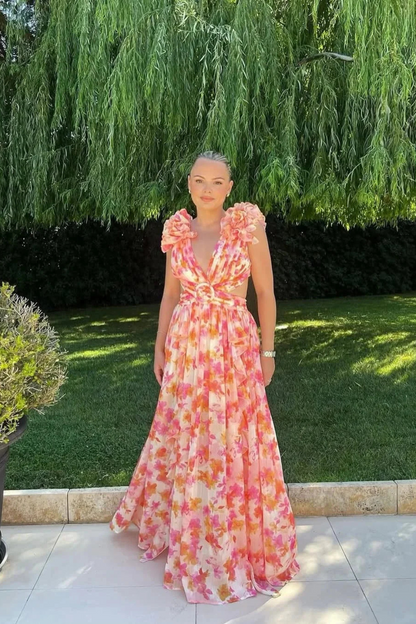 Sophie | Floral Wedding Guest V-Neck Ruffle Maxi Dress