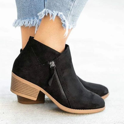 Bonnie | Suede Low Block Heel Side Zip Ankle Boots