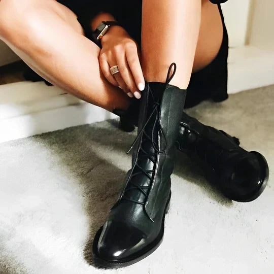 Arden | Lace-Up Mid-Calf Leather Boots with Cap Toe