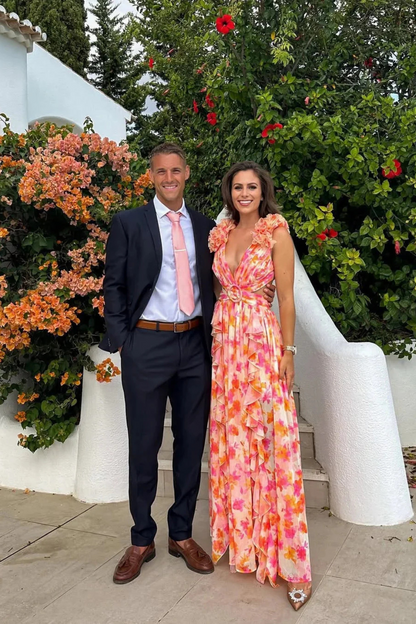Sophie | Floral Wedding Guest V-Neck Ruffle Maxi Dress