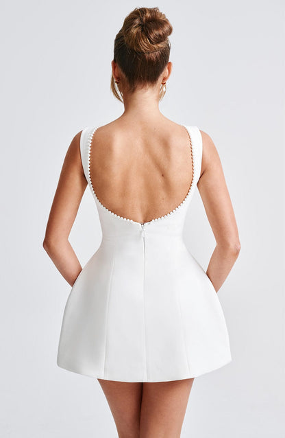 Isla | Wedding Guest A-Line Mini Dress with Pearl Trim