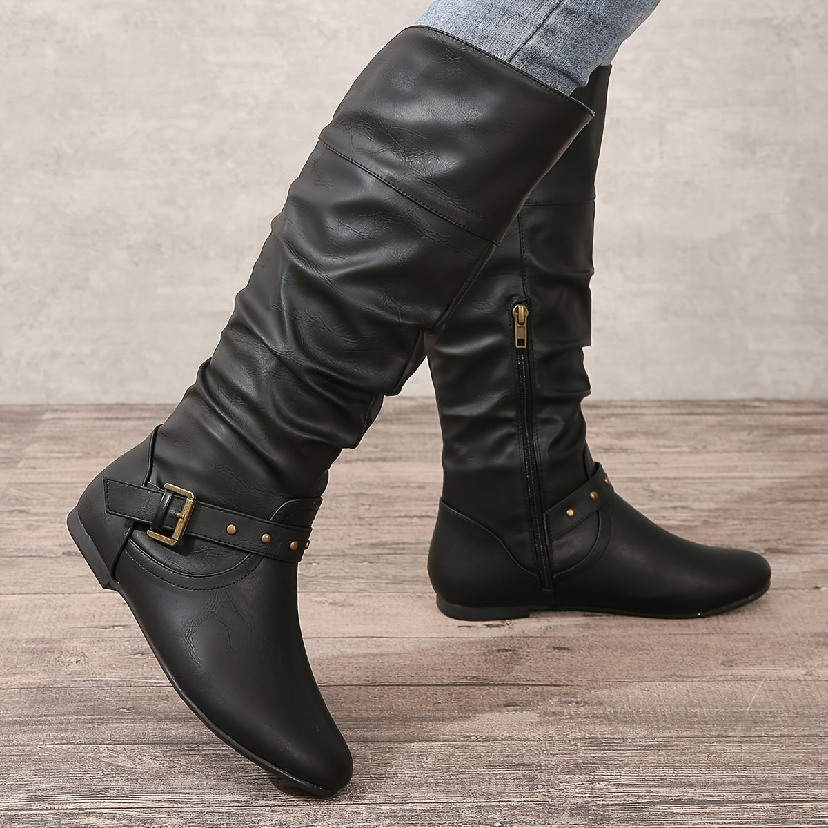 Erin | Faux Leather Slouch Buckle Flat Knee High Boots