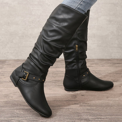 Erin | Faux Leather Slouch Buckle Flat Knee High Boots