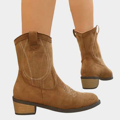Poppy | Suede Embroidered Western Cowboy Ankle Boots