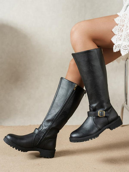 Rachel | Buckle Low Block Heel Knee High Riding Boots