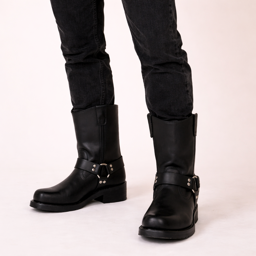 Eva | Leather Harness Buckle Biker Boots