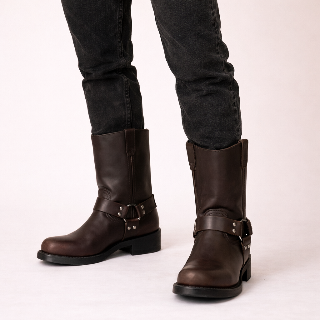 Eva | Leather Harness Buckle Biker Boots