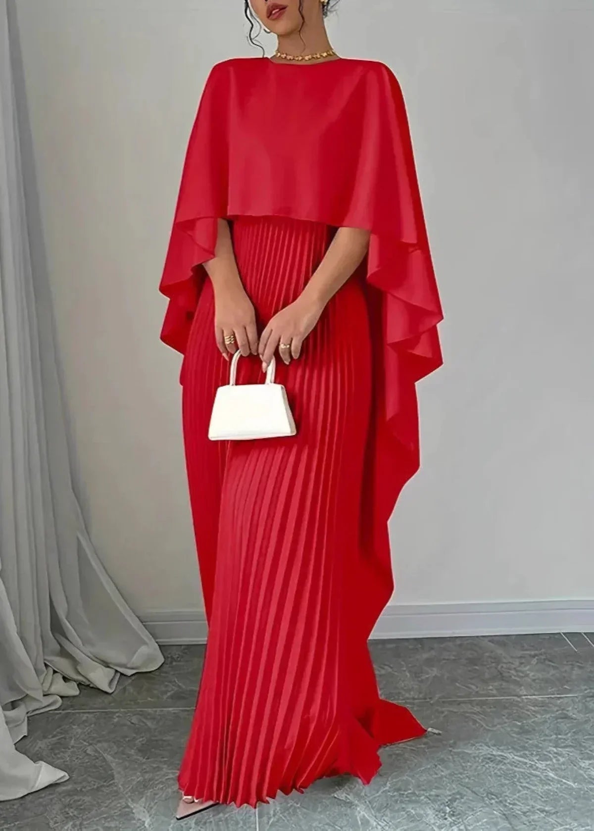 Elsie | Women's Pleated Cape Maxi Wedding Guest Dress
