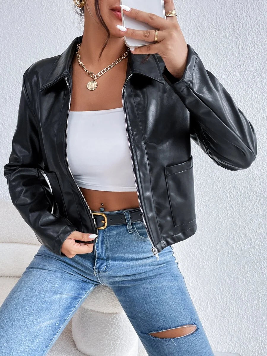 Leather Jacket for Women | Cropped Collar Chest-Pocket Black