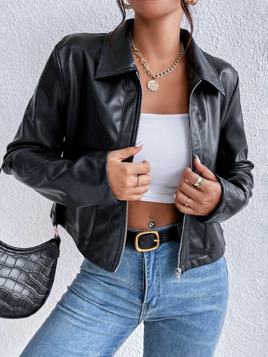 Leather Jacket for Women | Cropped Collar Chest-Pocket Black
