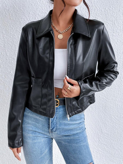 Leather Jacket for Women | Cropped Collar Chest-Pocket Black