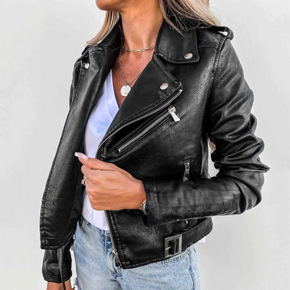 Faux Leather Biker Jacket for Women | Asymmetric Zip Belted