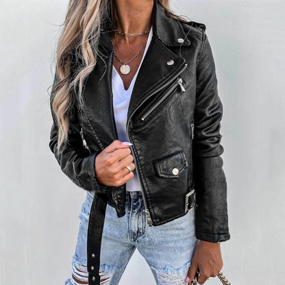 Faux Leather Biker Jacket for Women | Asymmetric Zip Belted