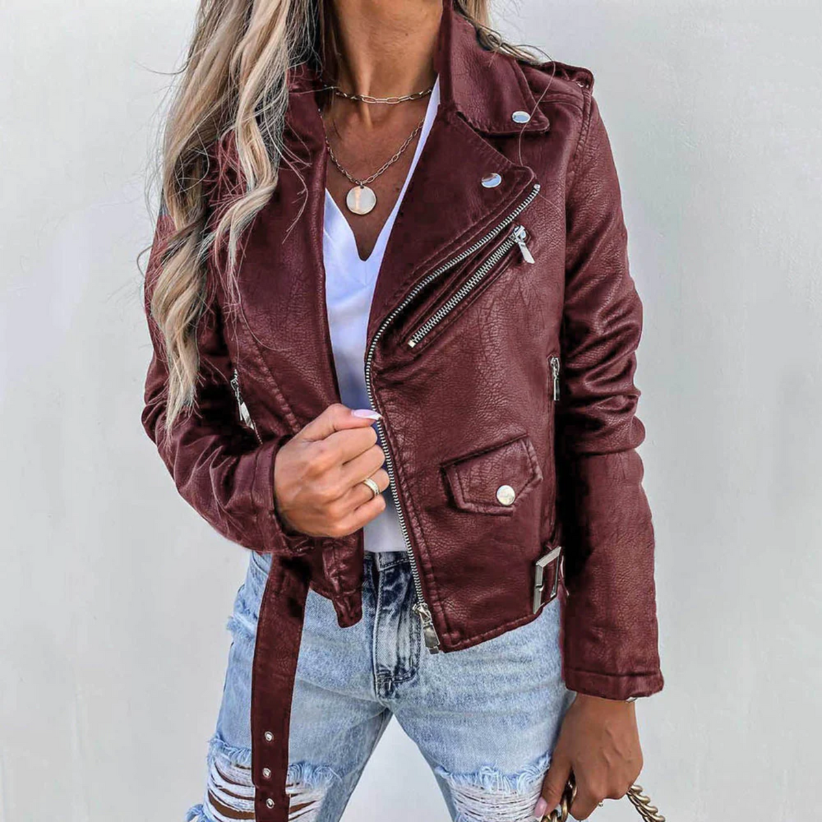 Faux Leather Biker Jacket for Women | Asymmetric Zip Belted
